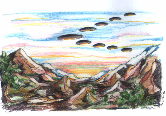 Representação artística do fenômeno observado pelo aviador Kenneth Arnold quando sobrevoava o Monte Rainier (Ilustração de Valter Dionísio Alves) (Click para ampliar)