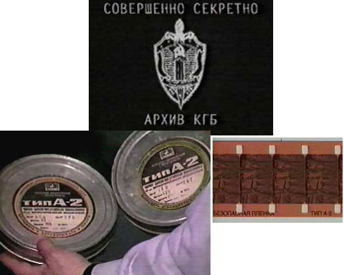Abertura do filme: "Segredo Soviético", diz o lettering / Latas de filme 35 mm acondicionando filmes de 16mm? / Filme tipo "A2": espessura de 16 mm (reprodução). (Click para ampliar)