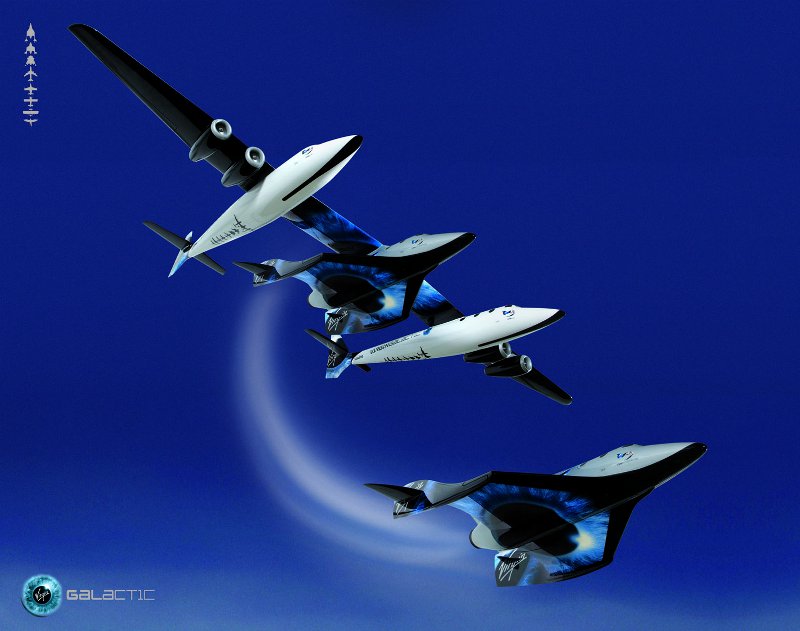 Representa��o art�stica da nave SS2 e seu transporte, o WhiteKnightTwo (Click para ampliar)