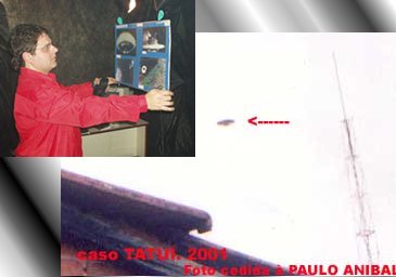 O suposto UFO em detalhe. No destaque, o pesquisador do grupo Exo-X (Click para ampliar)
