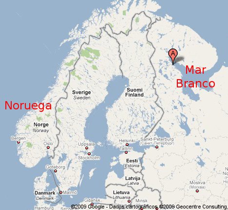 No mapa (via Google Maps), a Noruega e o Mar Branco, de onde foi feito o lan�amento (Click para ampliar)