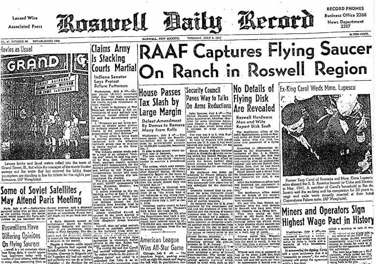 Manchete do Roswell Daily Record sobre a captura de um UFO