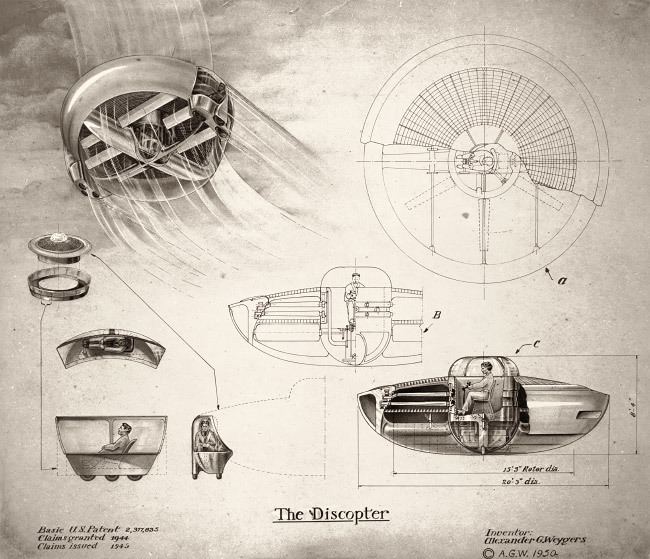 Diagramas, esquemas e desenhos do projeto do Discopter, a máquina voadora do Da Vinci do Vale do Silício, Alexander Weygers