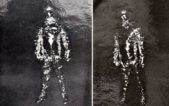 Duas das quatro fotos do alienígena (ou homem) de metal de Falkville