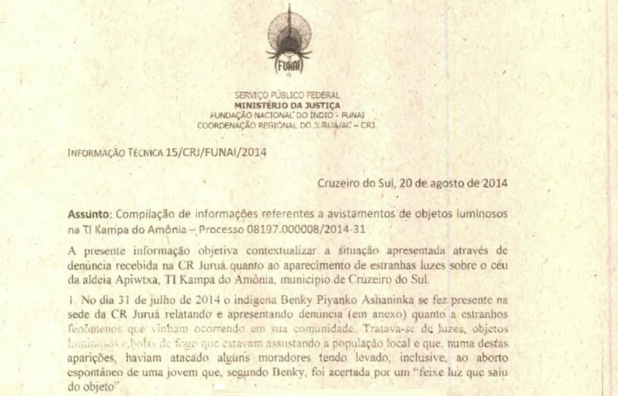 Documentos da Funai revelam ataques de óvnis a indígenas no Acre em 2014