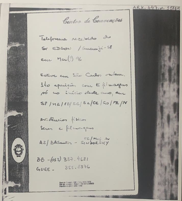 Documento localizado por Edison Boaventura Junior no Arquivo Nacional suspeita de grampo telefônico de suas conversas na época do Caso Varginha