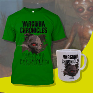 Camiseta e caneca Varginha Chronicles, baseada na criação do artista 3D Flávio Novi
