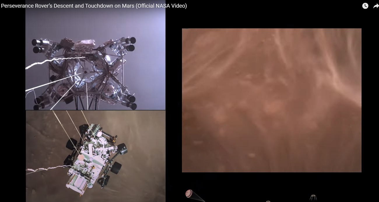 Pouso do rover Perseverance no solo de Marte, na cratera Jezero (Imagens_NASA_reprodução_youtube)