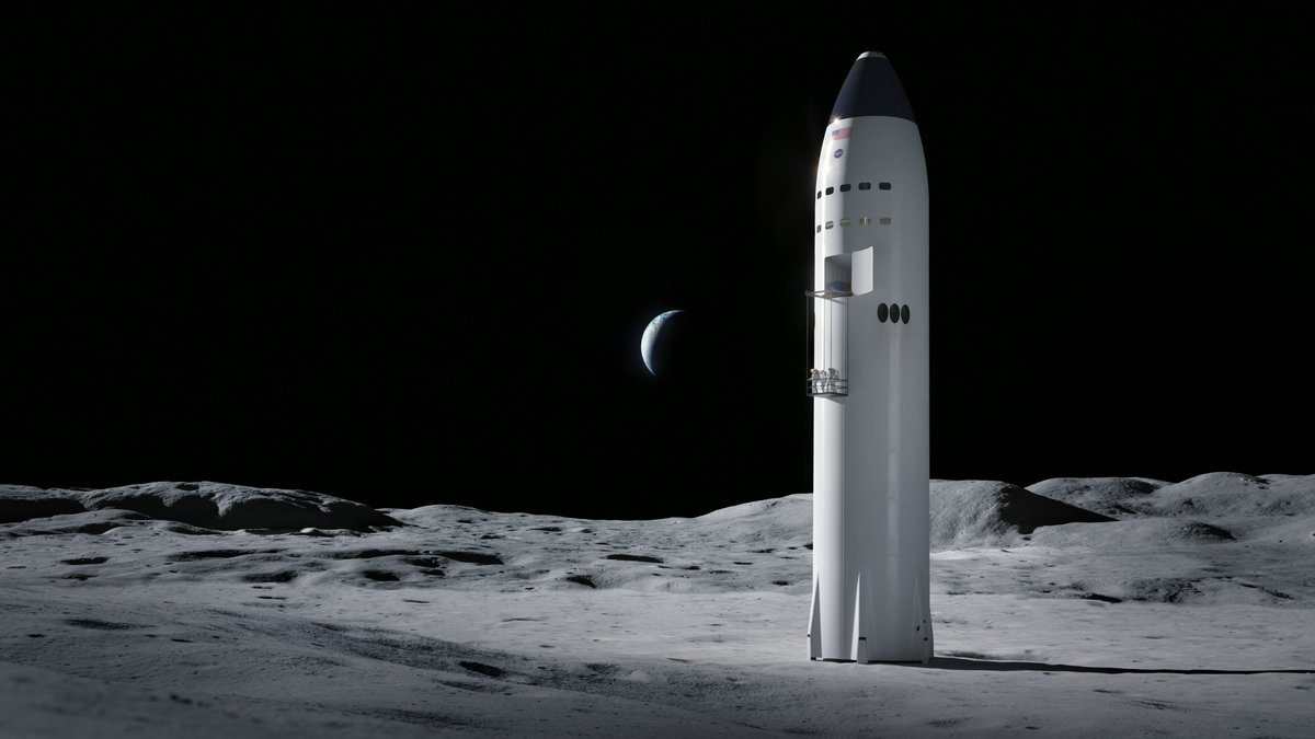 Perspectiva artística do modelo da nave espacial Starship, da SpaceX, para pouso na Lua. A empresa ganhou o contrato do programa Artemis.(Crédito: SpaceX)