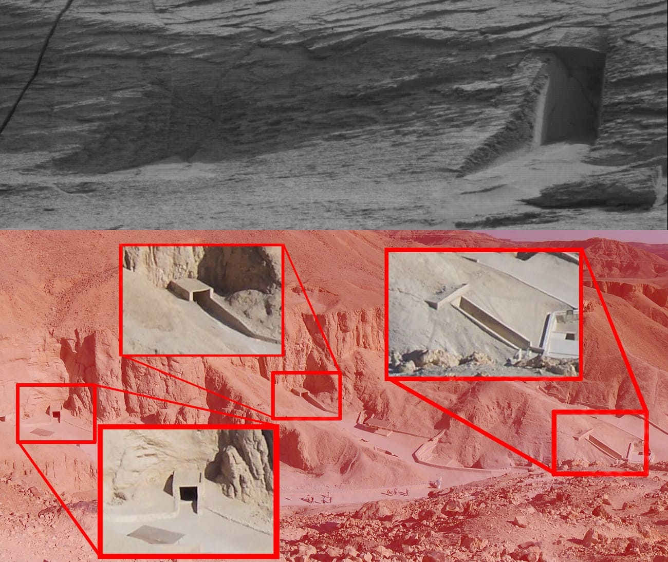 Um recorte do Vale dos Reis, no Egito, para comparação com o efeito visual da imagem obtida em Marte (montagem fotos Wikipedia - NASA)