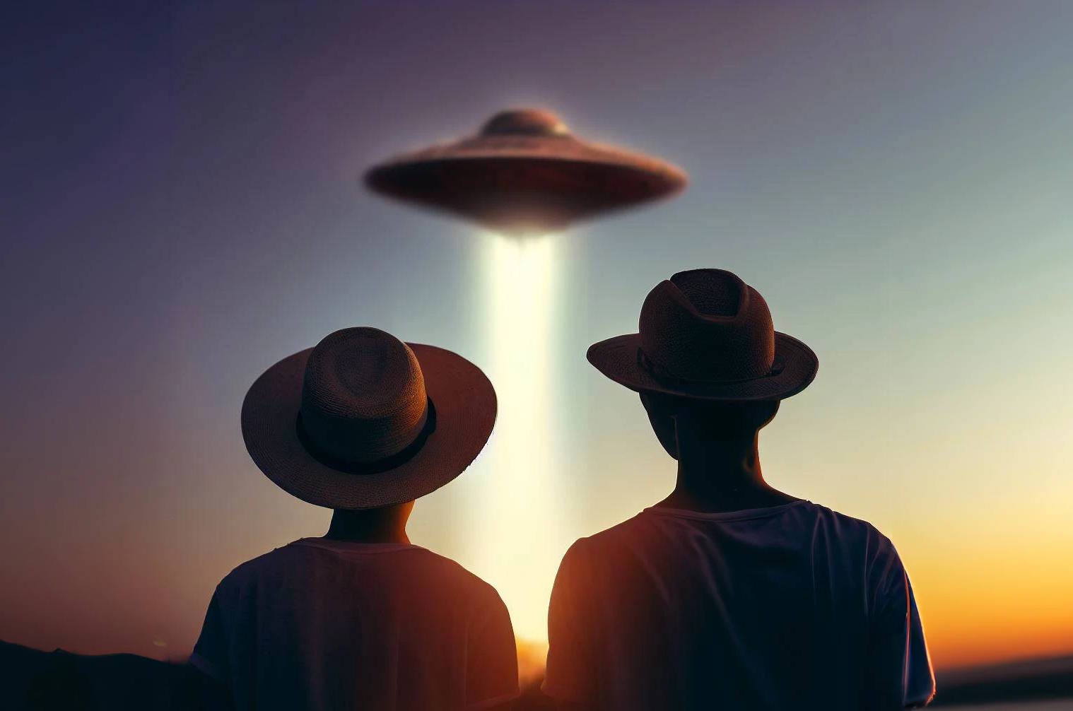 UFO Prosa: amigos avistam um disco voador lançando um feixe de luz na direção deles. Ilustração: Portal Vigília/Bing/Dall-E 2