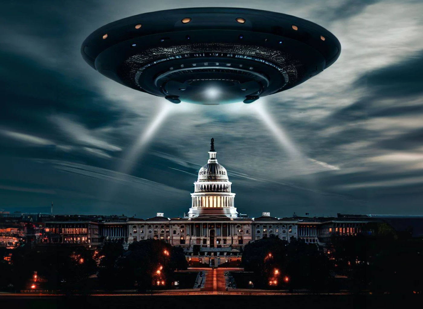 Ufo gigante sobre a Câmara dos Representantes - o Congresso dos EUA (Portal Vigília/Dall-E2)
