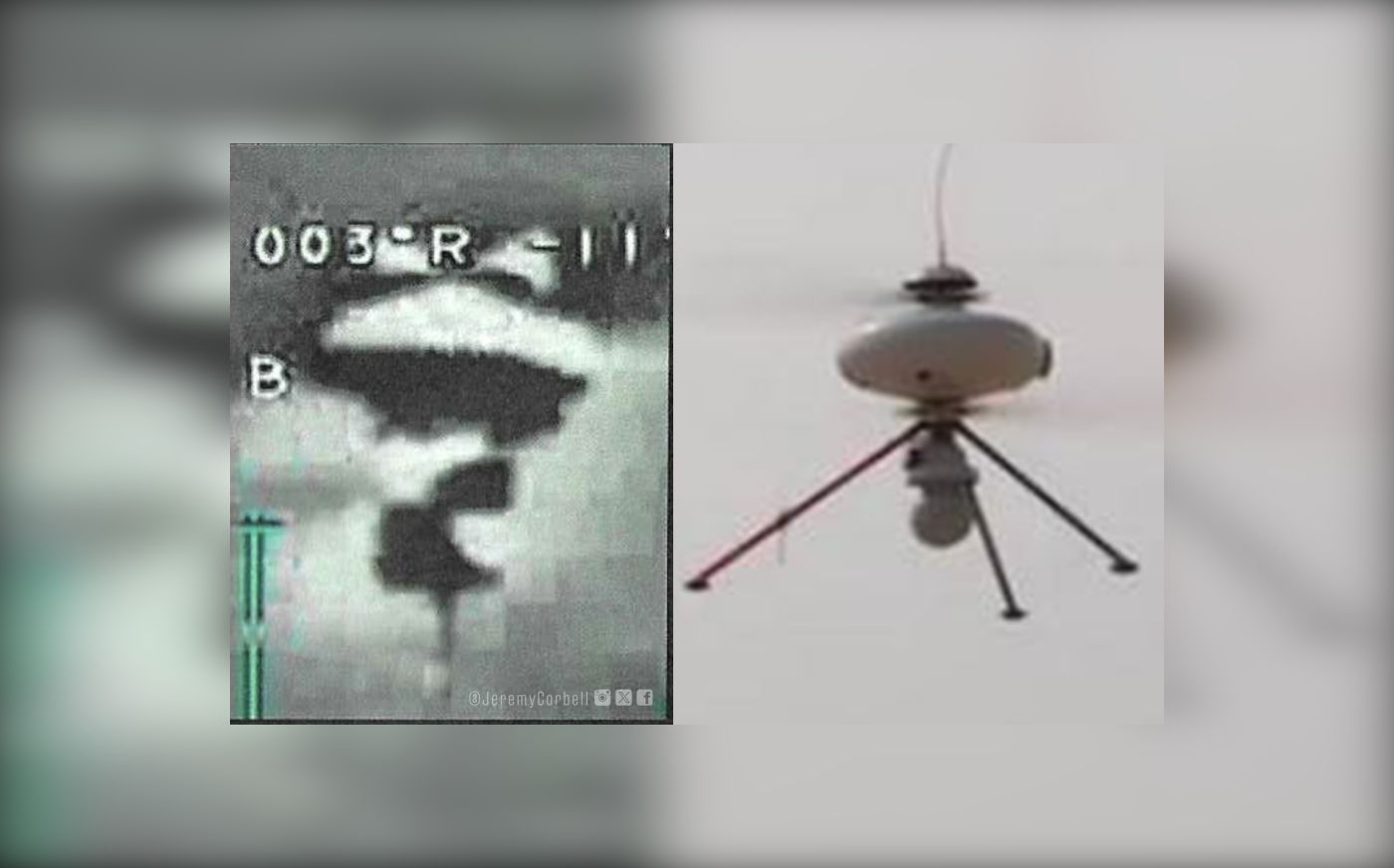 Comparação do UAP de Corbell (esquerda) com o VTOL UAV IT180. Crédito: reprodução e recorte de post por Steven Greenstreet