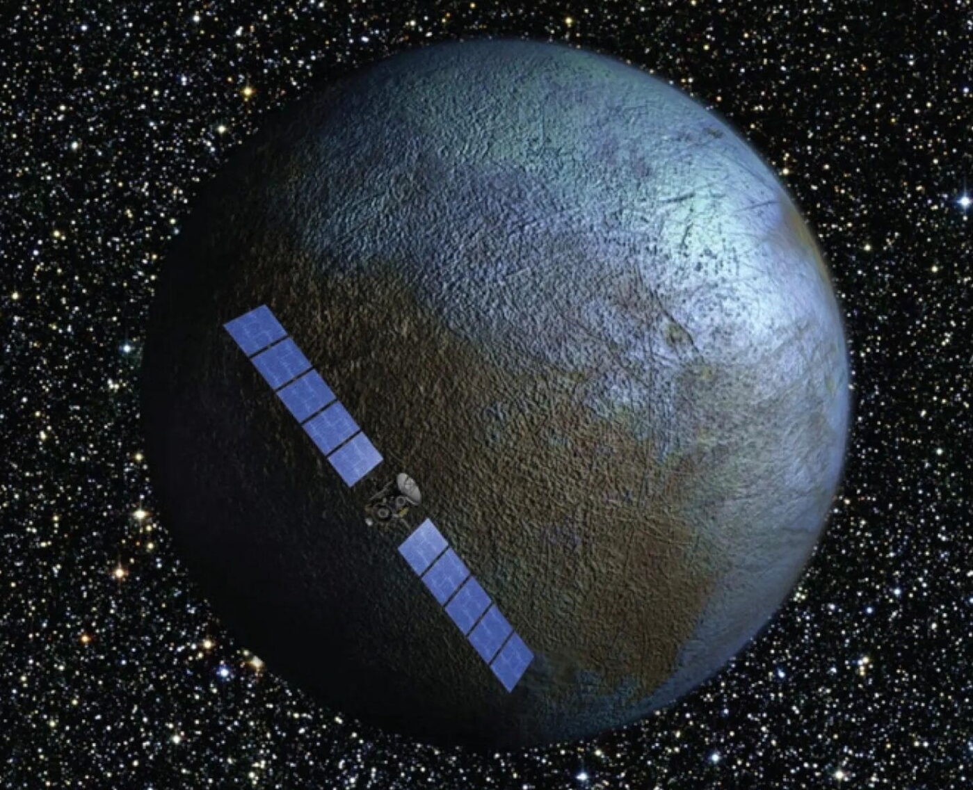Terminada em 2018, a missão Dawn ampliou nosso conhecimento sobre Ceres e a possibilidade de abrigar vida extraterrestre (Ilustração/NASA)