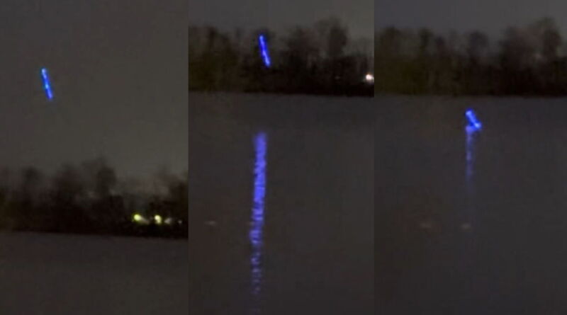 OVNI minhoca azul: estranho objeto desce lentamente contorcendo-se até entrar na água (Reprodução: Twitter/Think Tank)